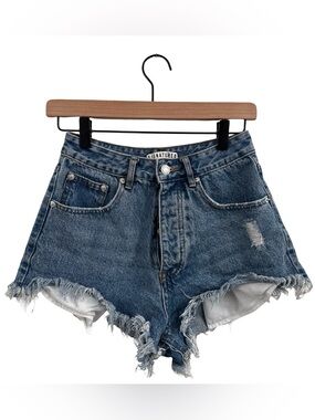 Signature8 Raw Hem Distressed High-Waist Denim Shorts in Blue